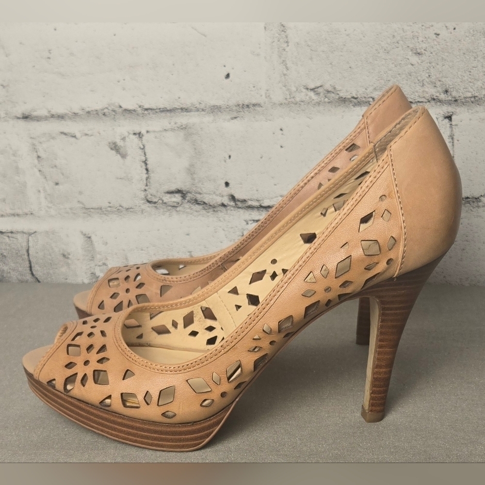 FRANCO SARTO Leather Cut Out Peep Toe Brown High Heels / Pumps